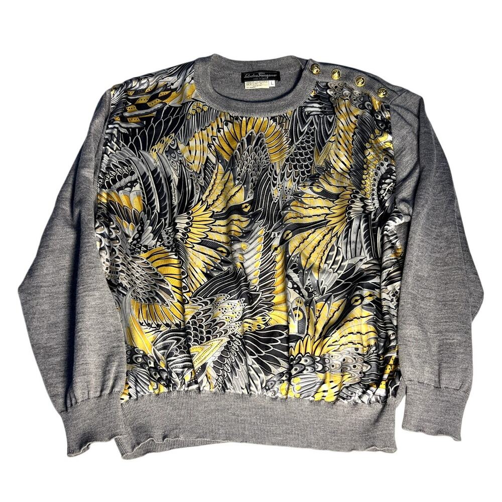 VTG Salvatore Ferragamo Womens Peacock Silk Wool Blouse Shirt Italy Large